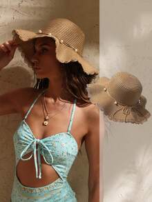 Swim Chiccia 1 件女士卡其色波浪海滩太阳帽，带人造珍珠和蝴蝶结细节，优雅的海滩旅行度假太阳帽 - 卡其色 - 查看 10