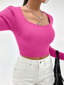EURMUSE Women's Solid Color Scoop Neck Long Sleeve Fitted Ribbed Cropped Sweater - Hot Pink - View 5