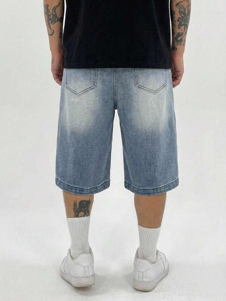 Men's Solid Color Washed Vintage Blue Denim Shorts, Summer