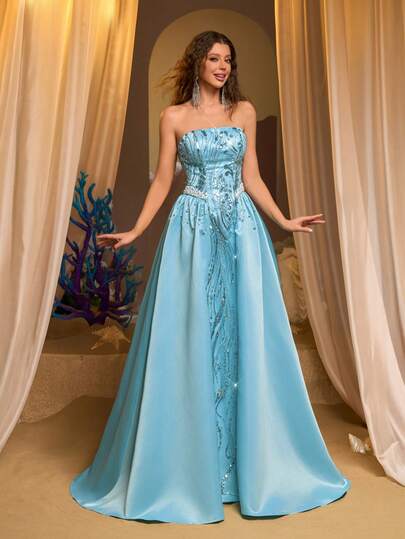 Glamrae Elegant Blue Luxury 3D Beaded Sequin Satin Bustier Basque Waist Contrast White Exquisite Handmade Beaded A-Line Maxi Skirt With Adjustable Tie Waist, Suitable For Dates, Singles Parties, Weddings, Events, Vacations, Back To School Season, Formal Gala