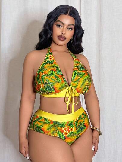 Slaydiva 2026 New Arrival Plus Size Women 2pcs/Set Random Floral Print Casual Vacation Swimwear, Tie Knot Criss-Cross Butterfly Patchwork Solid High Waist Triangle Bikini Set