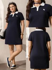 Zelara 大码Polo衫连衣裙，衬衫领A字连衣裙，运动连衣裙，短袖连衣裙，撞色领设计，刺绣马匹标志，运动休闲连衣裙，机场穿搭，收腰短款连衣裙，复古风连衣裙 - 藏蓝色 - 查看 2