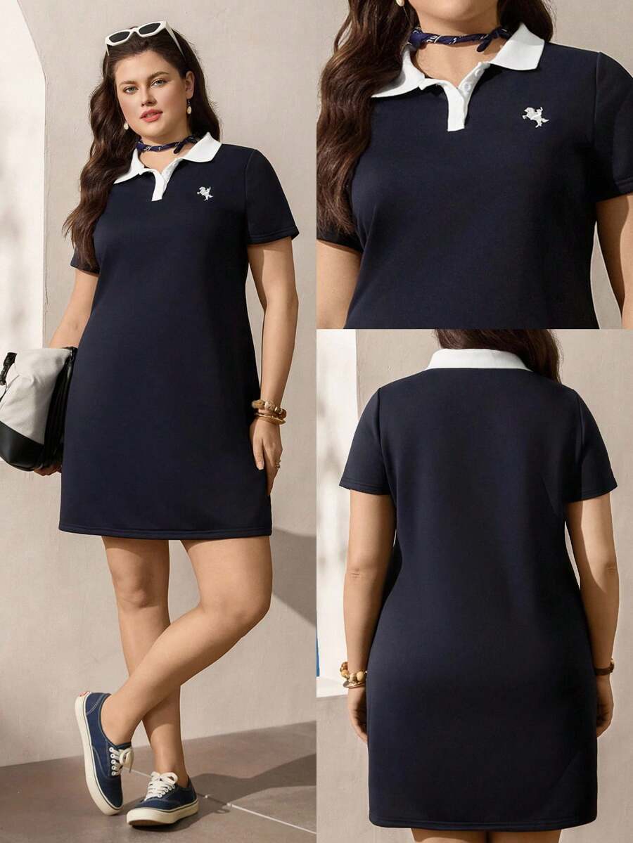 Zelara 大码Polo衫连衣裙，衬衫领A字连衣裙，运动连衣裙，短袖连衣裙，撞色领设计，刺绣马匹标志，运动休闲连衣裙，机场穿搭，收腰短款连衣裙，复古风连衣裙