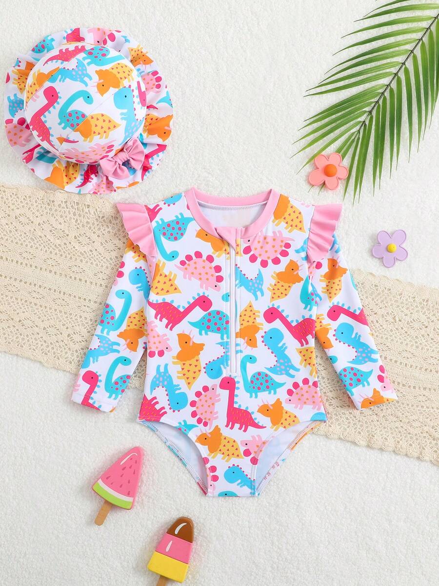 SHEIN GraphicGems 女婴可爱卡通恐龙印花荷叶边长袖连体泳衣和遮阳帽，沙滩/度假风 - 彩色 - 查看 1