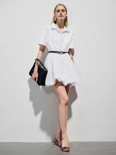 Aveloria Modichic Textured Jacquard Vintage Rose Floral Craftsmanship, Pure White Tone, Minimalist Elegant Style, Collared Design, Short Sleeve Element, 3D Textured Feature, High-Waisted Silhouette, Soft & Crisp Fabric. Suitable For Fashionable Commute, Spring/Summer Casual, Afternoon Tea, Date, Business Casual, Campus Style, Vacation, Art Exhibition, French Minimalist Sweet Academic Leisure Half-Open Collar Waist-Cinched Puff Skirt Rose Jacquard Short Sleeve Dress