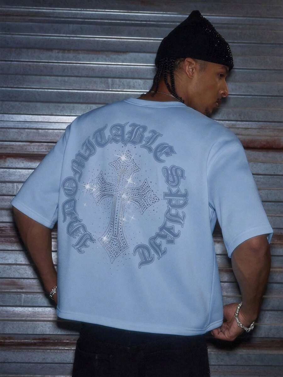 AXEPEAK Men's Casual Loose Short Sleeve T-Shirt, White With Printed Rhinestone Handmade Label, Summer - Sky Blue - View 1
