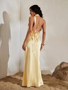 Opulessa Women's Pale Yellow Elegant Summer Tropical Cocktail Wedding Guest Dress,Solid Color Woven Backless Festival Party Beach Dress,Spring/Summer Dresses - Yellow - View 2