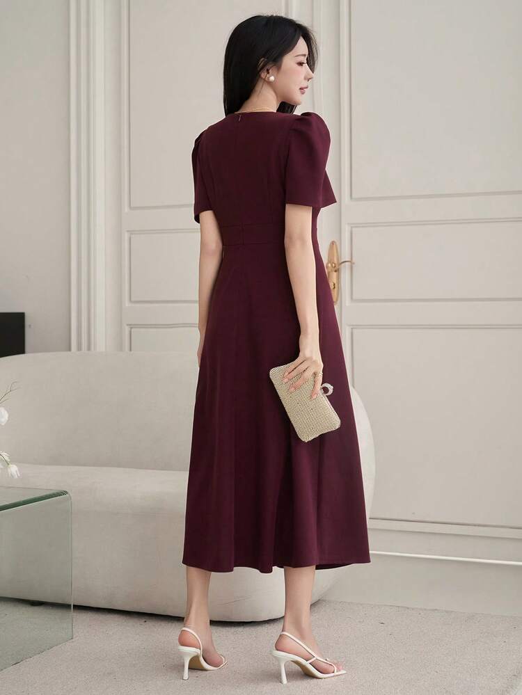 Women's Elegant Solid Color Round Neck Petal Sleeve Fake Pocket Mid-Length Dress, Summer,Wedding Guest Dress Women Maxi Dress Sundress