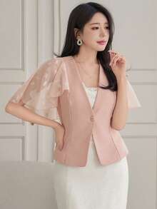 DAZY Women's Elegant Lace Patchwork V-Neck Ruffle Sleeve Blazer Jacket, Summer - Pink - View 5