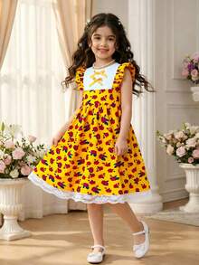 Young Girls Yellow Floral Dress With Blue Butterfly,Summer 7th Birthday Outfit,White Lace Patchwork Sleeveless Ruffle Hem Vintage Tea Party Sundress - Yellow - View 10