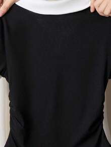 SHEIN Áo thun cổ bẻ phối màu thoải mái, thường ngày dành cho bé gái tuổi teen - Màu xanh lam - Xem 2