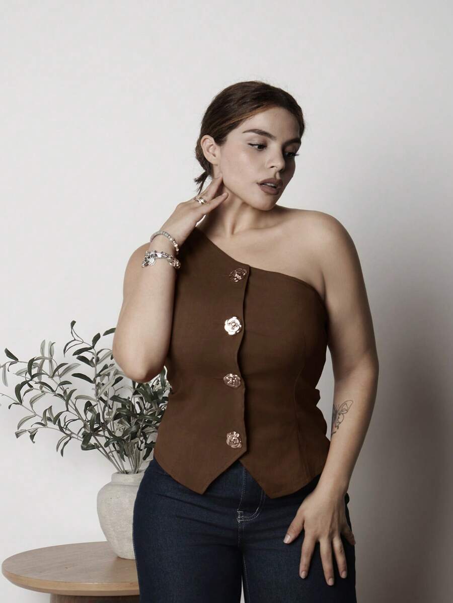 Lupita Cardoza 时尚优雅的 S 形性感不对称肩部金属扣装饰黑色女式衬衫,春夏季 - 紫紅色 - 查看 1