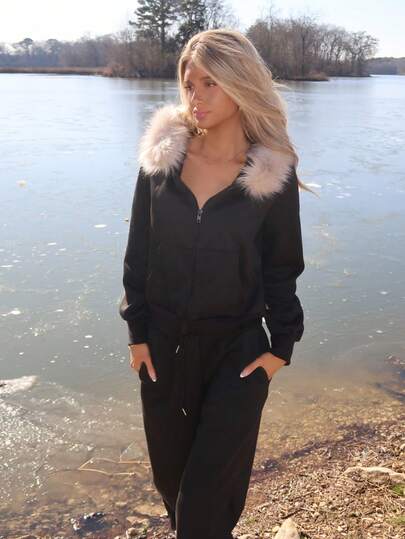 Sydney Algeri 2 件女式秋冬休闲毛绒加厚毛领连帽衫和运动裤套装万圣节服装女式圣诞服装哥特式女装