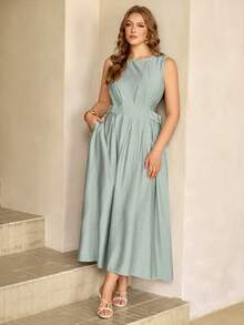 Roveilla Plus Size Women's Spring/Summer French Elegant Luxury Minimalist Design Casual Vacation Workwear Vintage Comfortable Solid Color Linen-Like Fabric Round Neck Waist Cinched Sides Waist Loops Metal Button Flared Hem Sleeveless Maxi Dress Plus Size Sage Dress Dusty Blue Women Dress Sage Dress Plus Size Curve Dresses With Pockets Light Blue Dress Curve - Mint Green - View 4