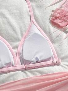 SHEIN 3 件套女童黑色泳衣套装，海滩度假派对连衣裙，春夏 - 粉色 - 查看 4
