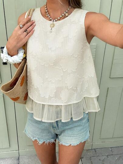 SHEIN Frenchy 女士镂空圆领无袖宽松休闲衬衫