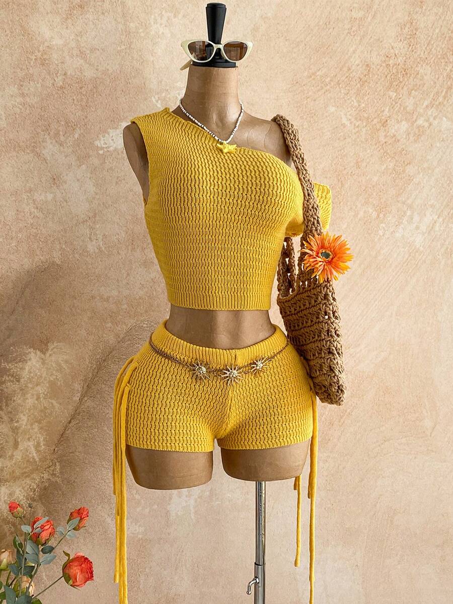 Soleia Casual Outfit For Women Beach Summer Outfits Vacation Womenvyellow 2pcs Solid Color Asymmetrical Shoulder Knit Top And Fringe Design Shorts Set - Yellow - View 1