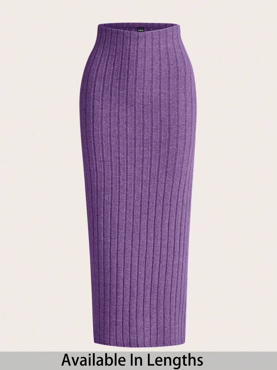 SHEIN Tall CURVE Falda elegante ajustada de unicolor acanalada de talla grande - Lila Púrpura - Ver 1