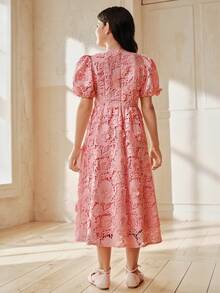 Đầm chữ A tay cánh hoa cổ tròn, chất liệu ren tan trong nước của Anewsta Girls, thích hợp cho mùa Xuân/Hè. - Hồng - Xem 2