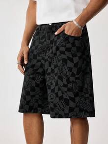 MONOPOLY X SHEIN Men's Casual Checkered Print Denim Shorts, Summer - Black - View 4