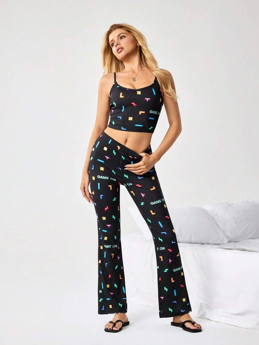 Tetris™ X SHEIN Women's Geometric Print Camisole & Pants Pajama Set - Black - View 1