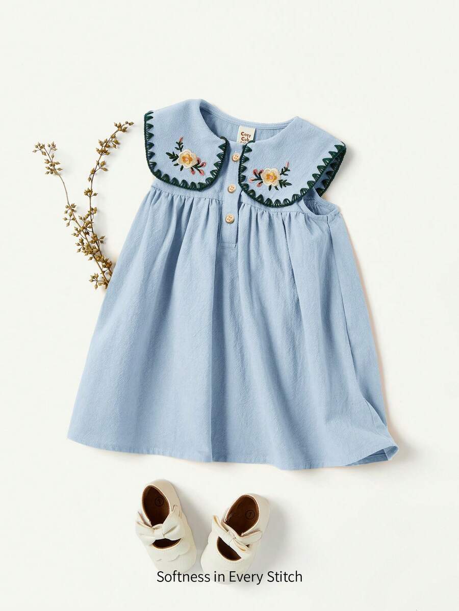 Cozy Pixies 女嬰花卉刺繡圖案海軍藍領半開襟無袖洋裝 - 彩色 - 查看 1