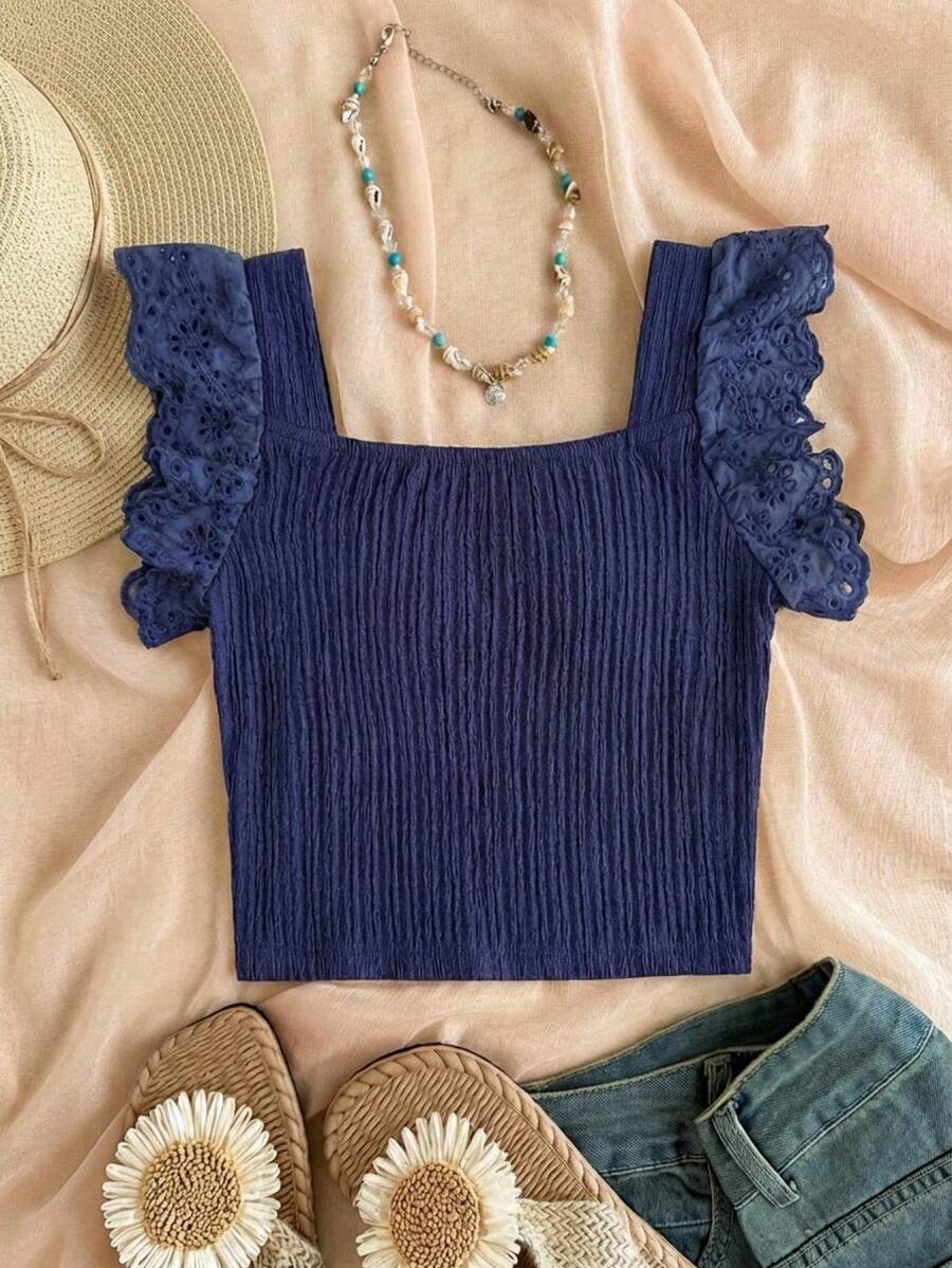 SHEIN Tween Girl Casual Square Neck Ruffle Trim Textured Fabric Camisole - Blue - View 1