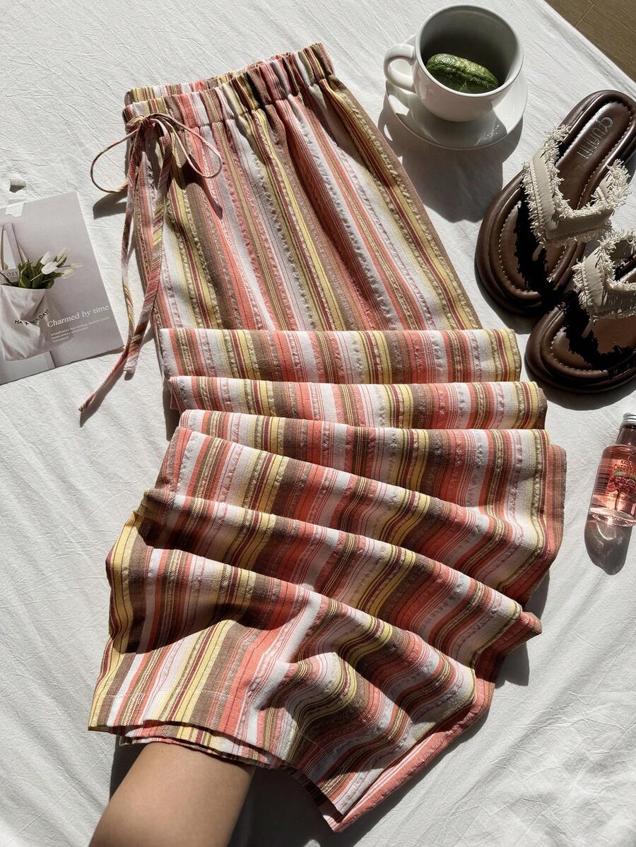 SHEIN EZwear 大码女式腰带条纹宽松休闲裤夏季两件套亚麻套装女式夏季套装女式夏季套装休闲夏季裤装套装女式夏季裤装沙滩裤女式糖果裤女式夏季服装裤装亚麻套装 - 彩色 - 查看 1