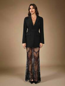 SHEIN Tall Women's Fashion Party Lace Skirt 2 Pieces Set Blazer Dress With Lace Pants Lace Two Pieces Set - Black - View 11