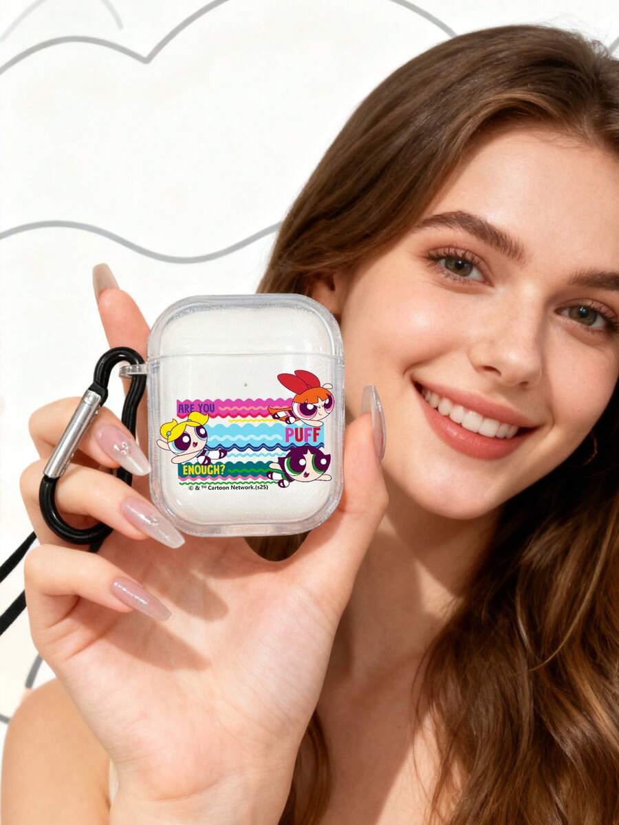 THE POWERPUFF GIRLS X SHEIN Ốp bảo vệ tai nghe trong suốt hình Powerpuff Girls (Tặng kèm móc khóa), Phụ kiện hoạt hình anime dễ thương, Phù hợp với tai nghe không dây 1/2/Pro/Pro 3, Giao hàng nhanh - Trong sáng - Xem 1