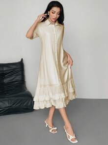 DAZY Women's Elegant Ruffled Collar Loose Mid-Length Dress Sundress Summer - Apricot - View 4