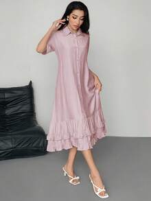 DAZY Gaun Wanita Elegan dengan Kerah Berkerut, Longgar, Panjang Sedang, Gaun Musim Panas - Purple - View 3