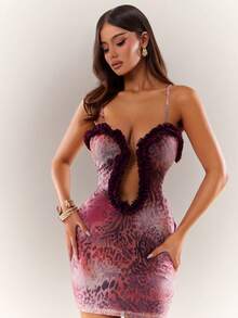 Radiana 女士夏季性感优雅独特荷叶边饰紫红色豹纹修身迷你连衣裙，性感露背连衣裙，镂空低领连衣裙，波西米亚风度假连衣裙，沙滩连衣裙，假日连衣裙，约会连衣裙，夜店连衣裙，生日连衣裙，网纱印花连衣裙，适合夜晚、约会、聚会、派对、俱乐部、夜店、鸡尾酒会、音乐节、演唱会、海岛度假、海滩、假日装扮 - 彩色 - 查看 3