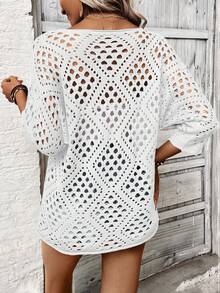 Breezaya Áo dệt kim tay lửng khoét lỗ dáng rộng thoải mái dành cho nữ - trắng - Xem 2