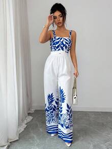 Elenzga Sleeveless Printed Top & Blue-White Placement Print 2 Pieces Set, Elegant Vacation Casual - Multicolor - View 4