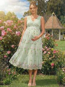 Loomaby 孕妇V领花卉刺绣网纱时尚派对无袖连衣裙 - 綠色 - 查看 12