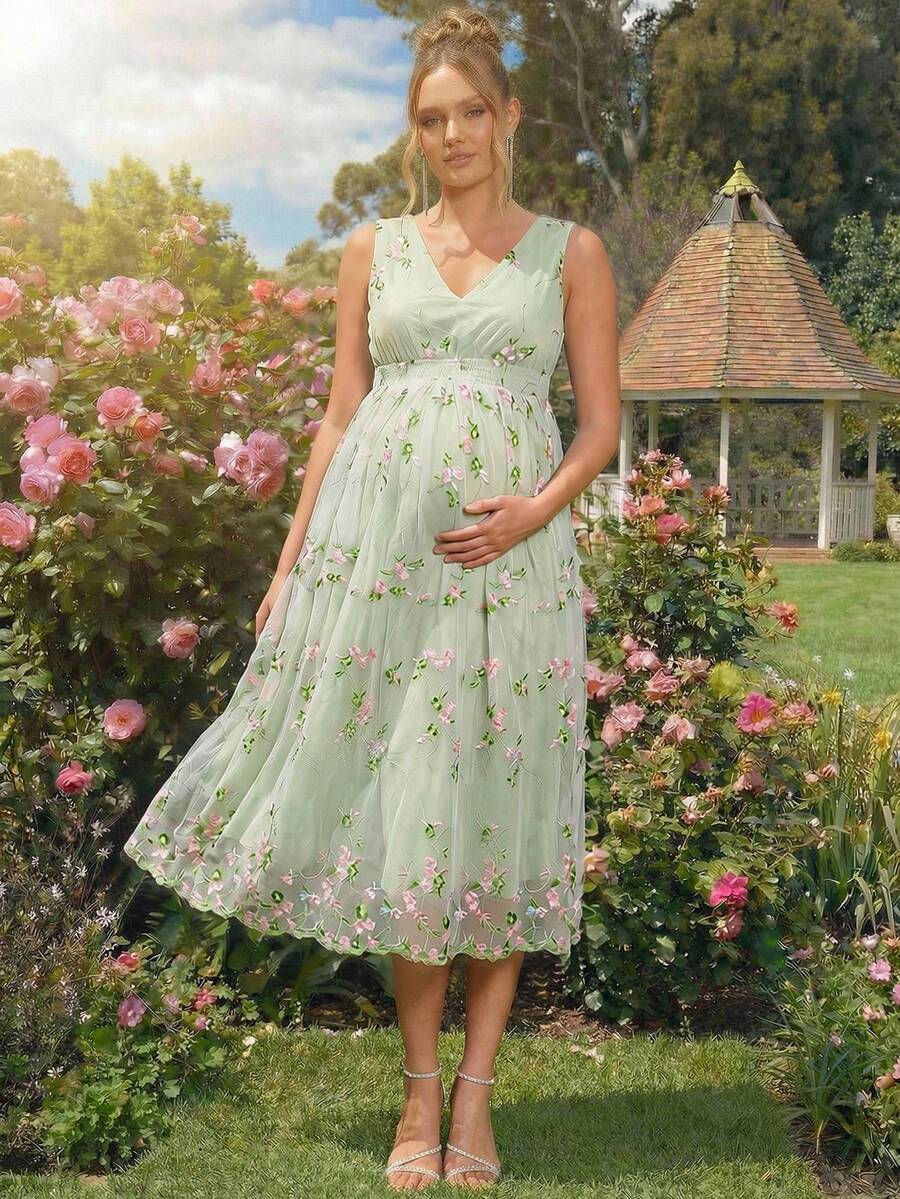 Loomaby Maternity V-Neck Floral Embroidery Mesh Fashion Party Sleeveless Dress,Gender Reveal Dress,Maternity Dress, Baby Shower Dress - Green - View 1