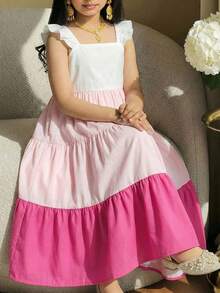 SHEIN Young Girl Casual Patchwork Color Block Cap Sleeve Round Neckline Picnic Dress,Light Pink,Summer,Fairy,First Birthday,Holiday - Pink - View 10