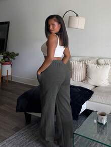 Tyla Gomez 女士抽绳腰纯色宽松休闲运动裤，宽松裤 - 深灰色 - 查看 2