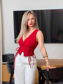 Jeta Ari Women'S Red Criss-Cross Strap Button Down Tank Top For Summer,Valentine Outfits,Valentine Outfits - Red - View 1