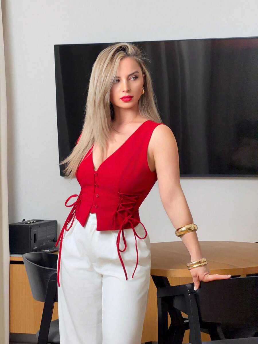 Jeta Ari Women'S Red Criss-Cross Strap Button Down Tank Top For Summer,Valentine Outfits,Valentine Outfits - Red - View 1