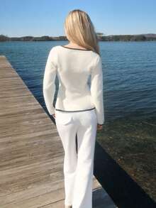 Sydney Algeri 性感修身时尚女式撞色滚边长袖收腰针织上衣 - 彩色 - 查看 2