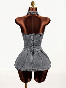 Mistrie Women's Sexy Hollow-Out Halter Neck Denim Dress With Eyelet Buckle Design - Black - View 2