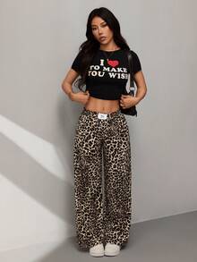 SHEIN PETITE Women's Woven Leopard Print Wide Leg Casual Pants - Multicolor - View 5