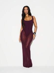 KIZN Vestido largo ajustado de mujer de cuello cuadrado sin mangas color burdeos con detalle de cintura fruncida para fiestas, eventos y cócteles - Burdeos - Ver 1