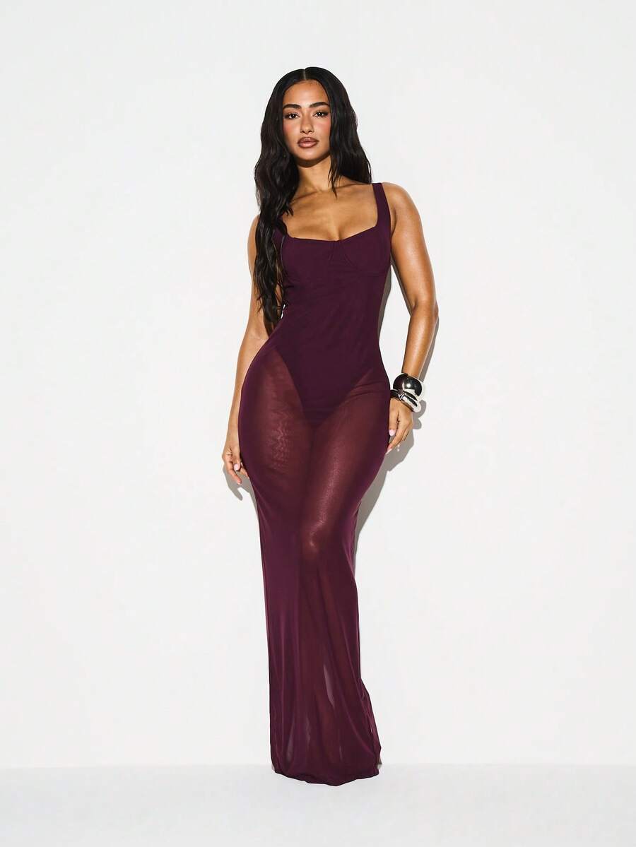 KIZN Vestido largo ajustado de mujer de cuello cuadrado sin mangas color burdeos con detalle de cintura fruncida para fiestas, eventos y cócteles - Burdeos - Ver 1