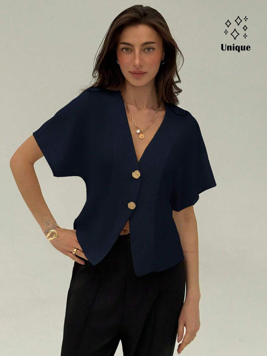 Aloruh 藏蓝色不对称V领短袖上衣，适合正式场合、特殊场合、夏季婚礼等，可重复穿着，舒适得体，优雅时尚，适合度假外出。