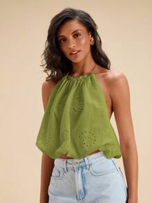 Travachic 度假风纯色镂空刺绣露背吊带上衣，适合嘉年华、春假、夏季、情人节、海滩、休闲度假、外出等场合穿着。 - 綠色 - 查看 4