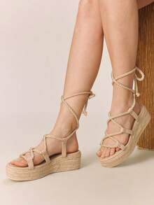 Styleloop 女士厚底坡跟凉鞋，时尚纯色编织休闲厚底坡跟凉鞋，波西米亚风度假复古帆布厚底系带罗马凉鞋，西部风格，音乐节派对装扮，春夏鞋履，春假复活节 - 杏色1 - 查看 6