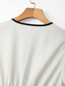 GlowEve Women's Apricot V-Neck Waist Ruched Short Sleeve Ruffle Hem A-Line Contrast Black Trim Versatile Elegant Slim Blouse, Spring/Summer - Apricot - View 3